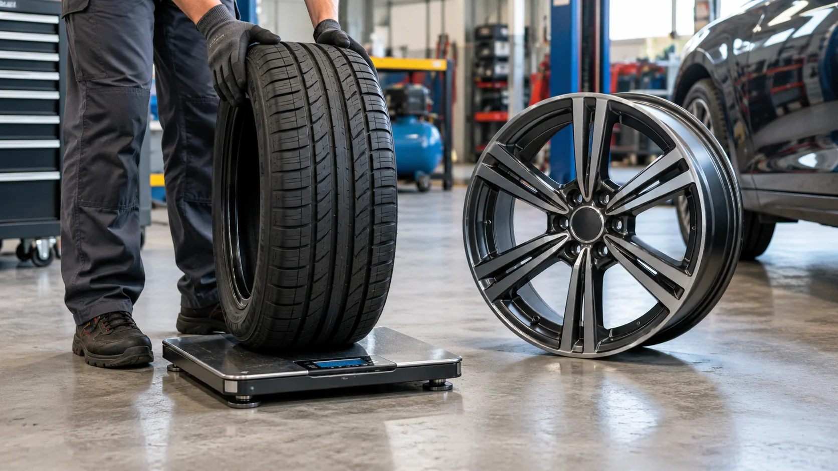 Car tire positioned on a workshop scale