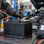 Car battery tested with a multimeter showing 12.6 volts