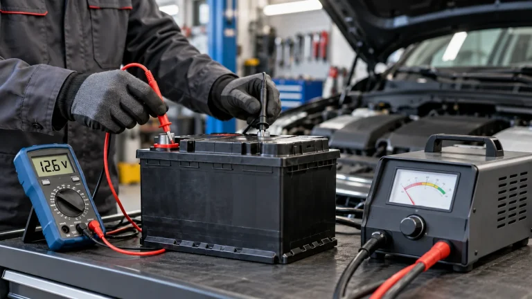 Car battery tested with a multimeter showing 12.6 volts