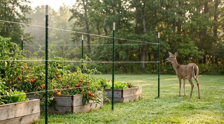 DIY fishing line deer fence perimeter protecting a raised vegetable garden from white-tailed deer.