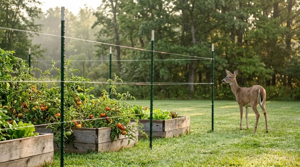 DIY fishing line deer fence perimeter protecting a raised vegetable garden from white-tailed deer.
