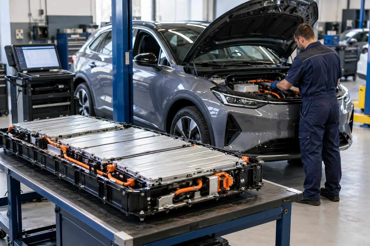 Electric vehicle battery pack and diagnostic equipment in a service bay