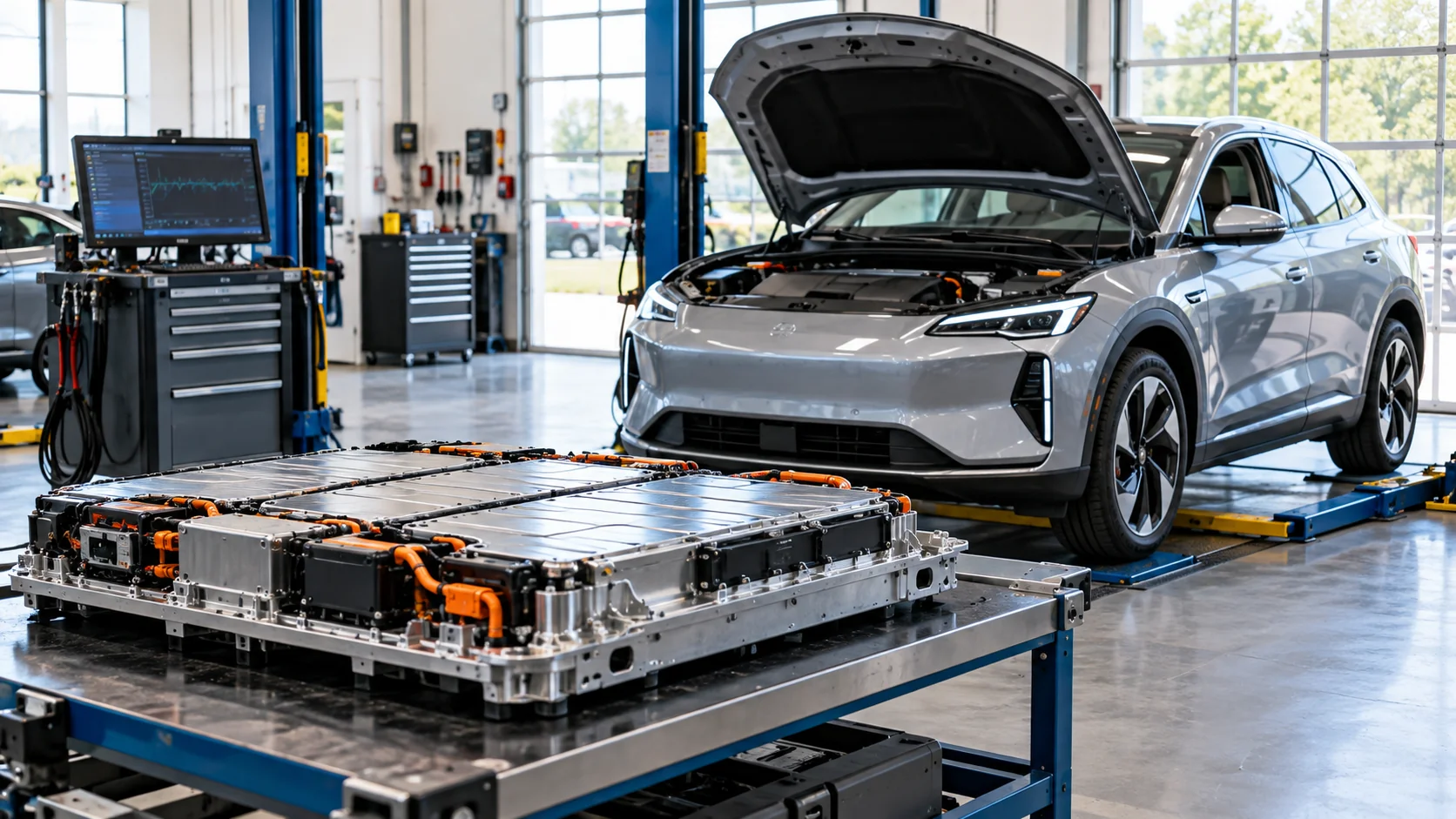 Electric vehicle battery service-bay scene