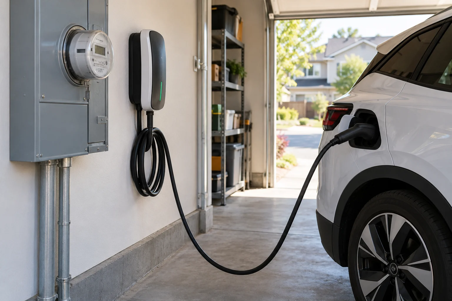 Electric car connected to a home charging station