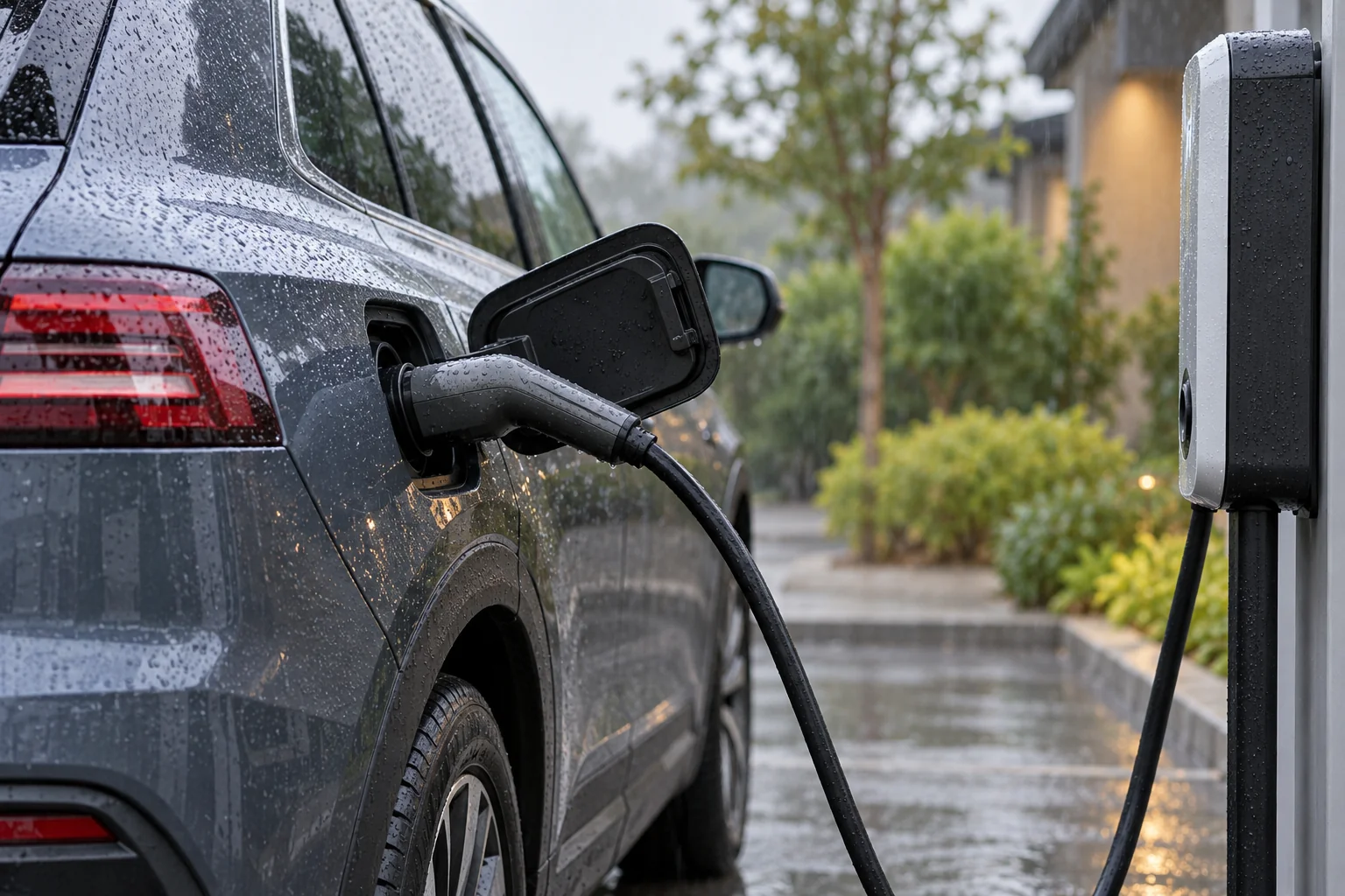 Sealed EV charging connector during light rain
