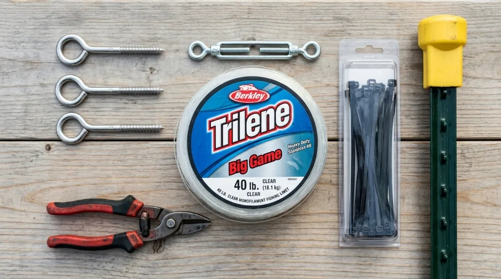 Essential materials for building a fishing line deer fence including 40 lb monofilament, steel screw eyes, and T-post hardware