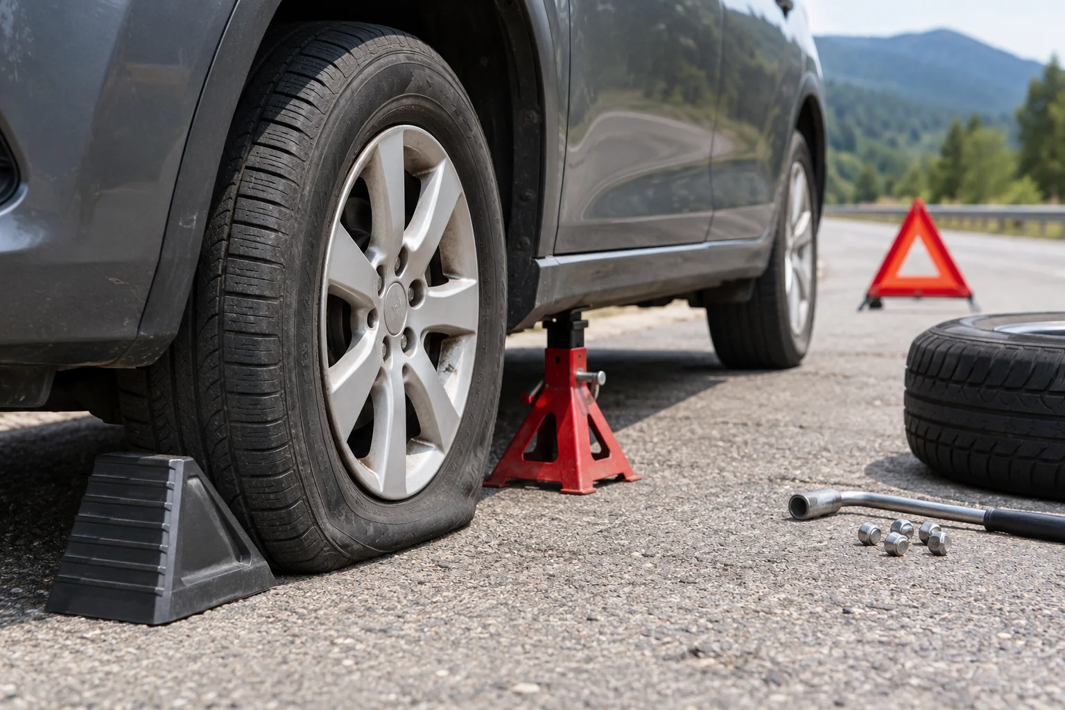 Flat tire with wheel chock and safe support equipment