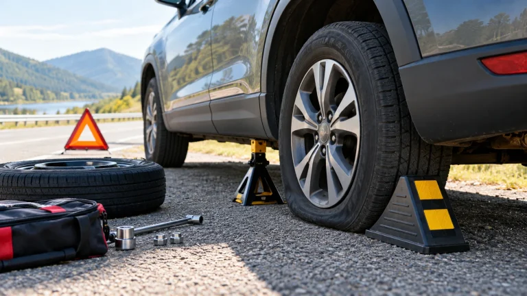 Vehicle with a flat tire supported safely at the roadside