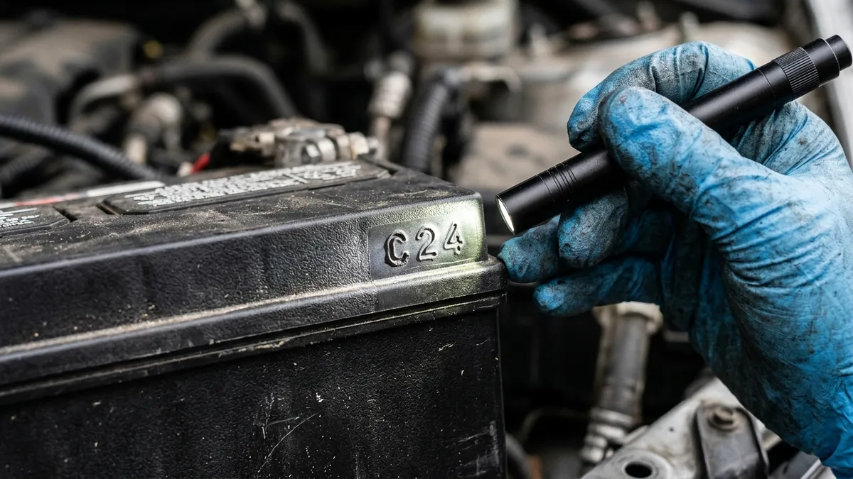 Mechanic inspecting a C24 alphanumeric heat-stamped date code on a car battery case with an LED flashlight