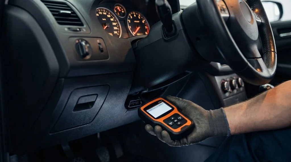 Technician connecting a handheld digital OBD-II scan tool to the 16-pin diagnostic port beneath the driver steering column
