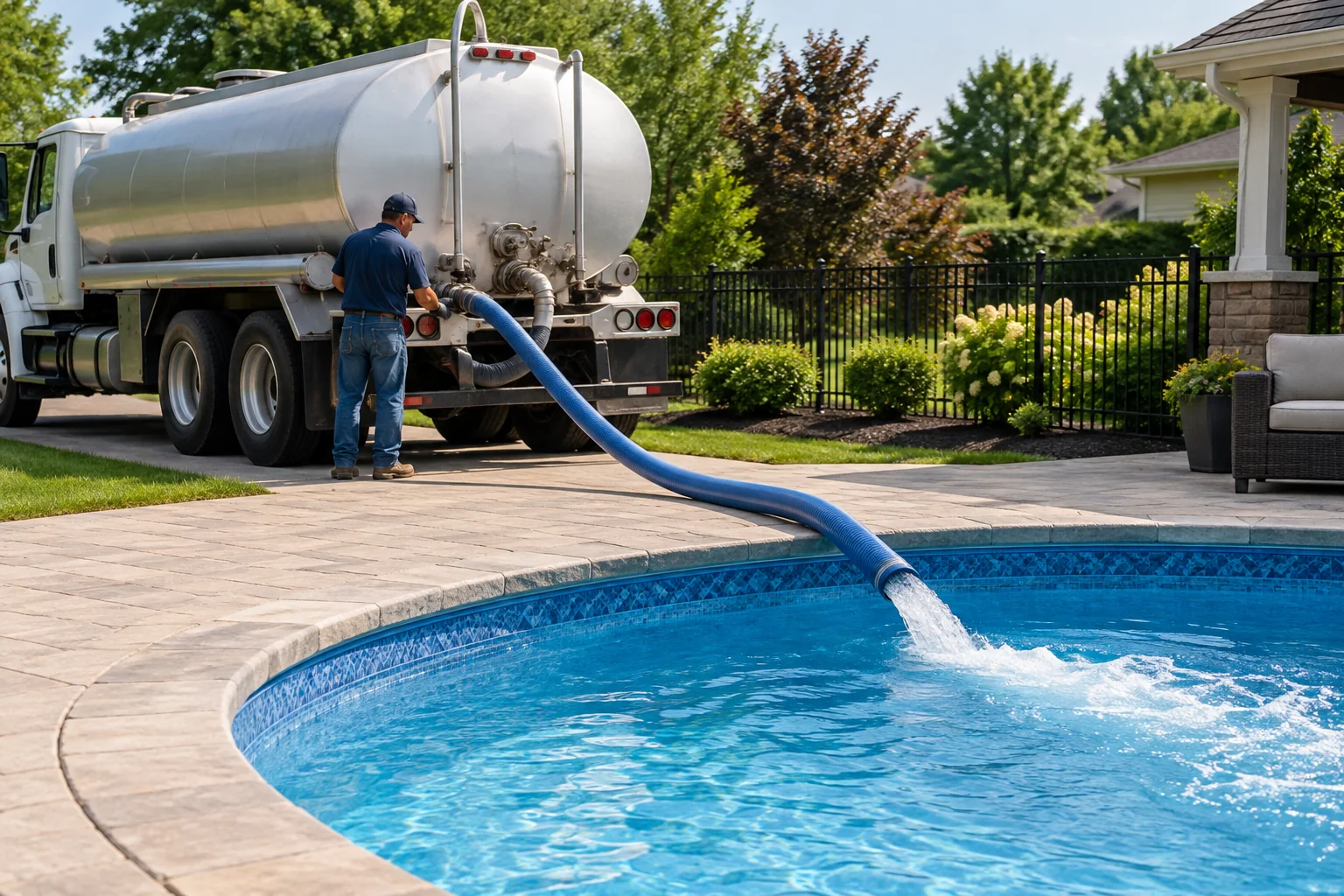Water delivery hose filling a residential swimming pool