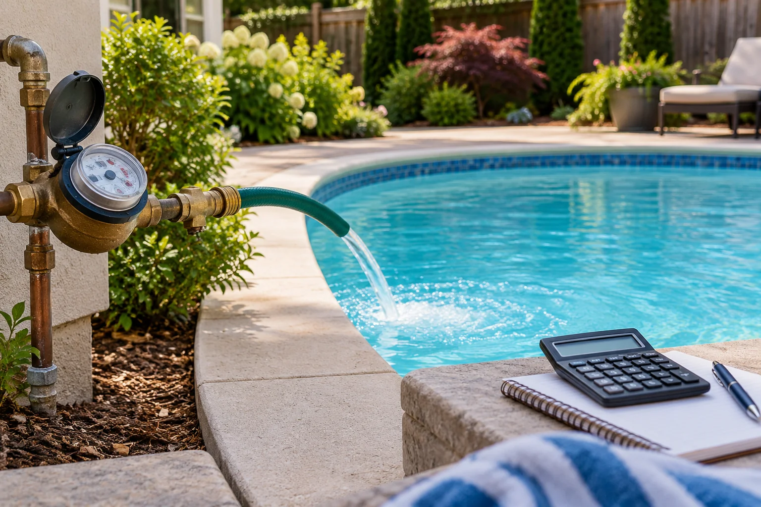 Pool hose and calculator used for fill-cost planning