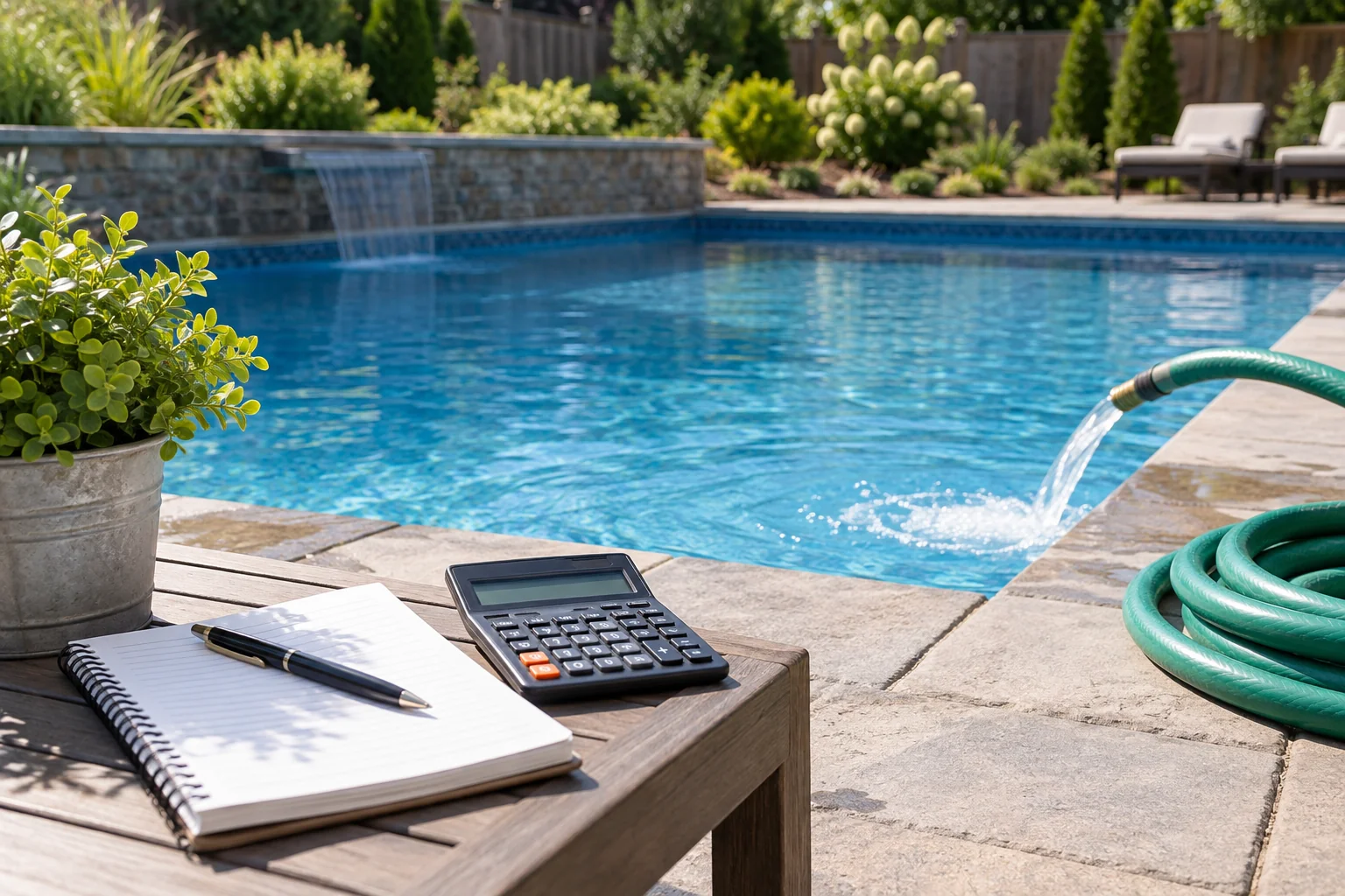 Calculator and hose beside a swimming pool for pricing planning
