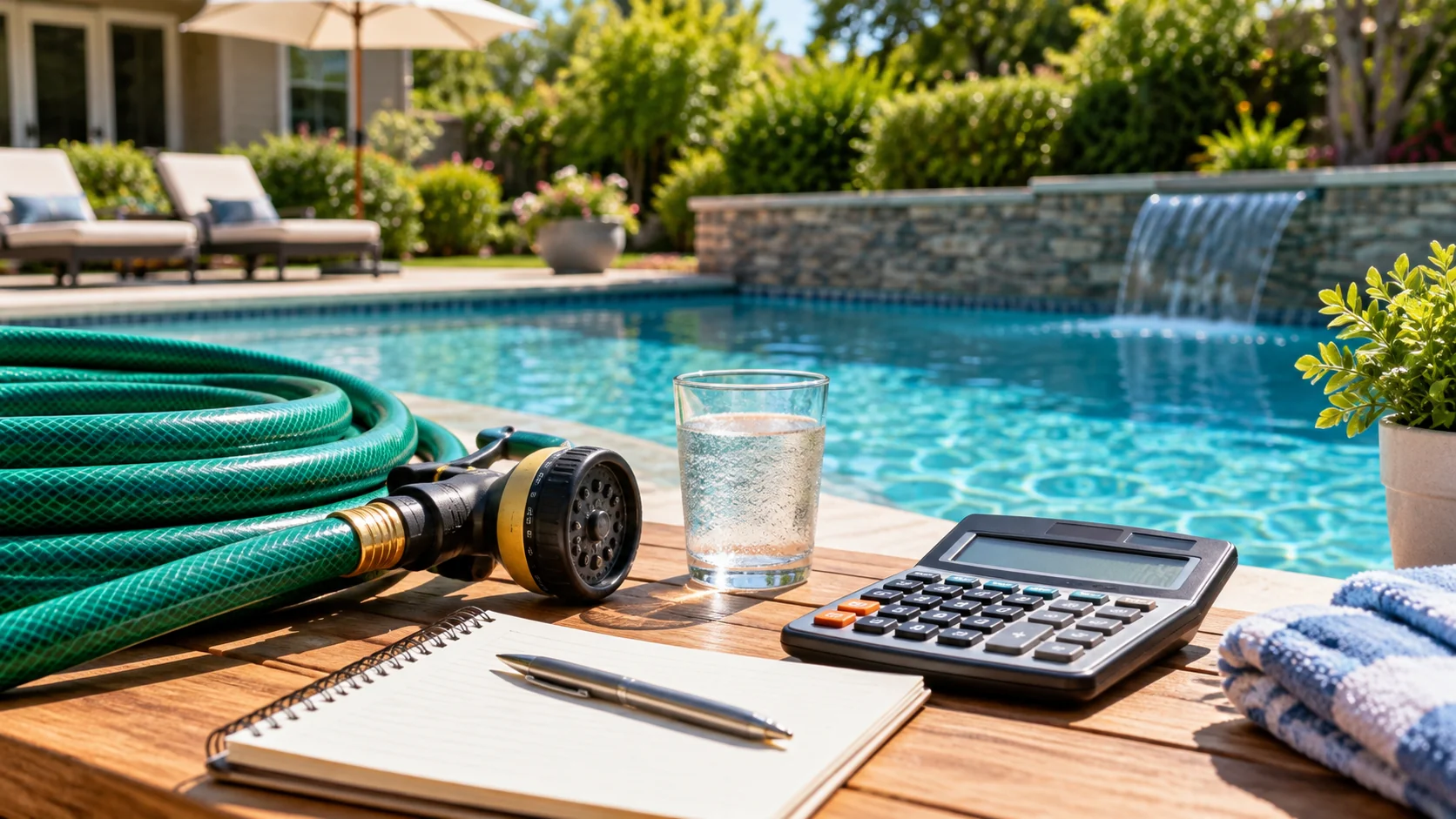 Pool fill cost planning scene with hose and calculator