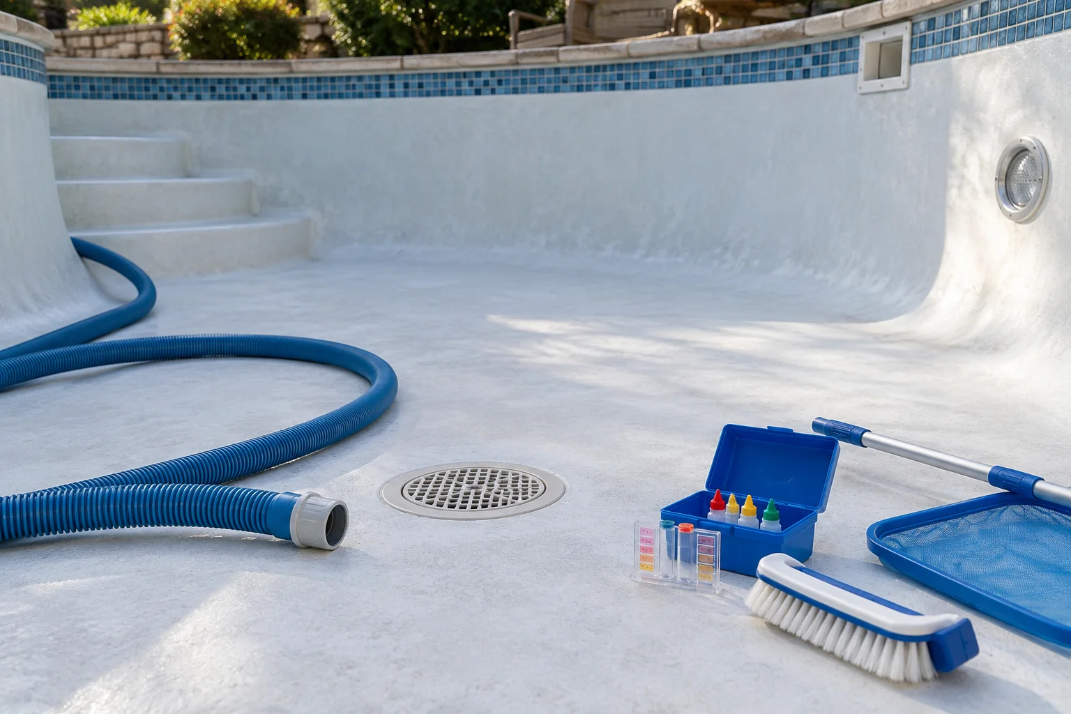 Pool refill preparation tools beside a clean pool basin