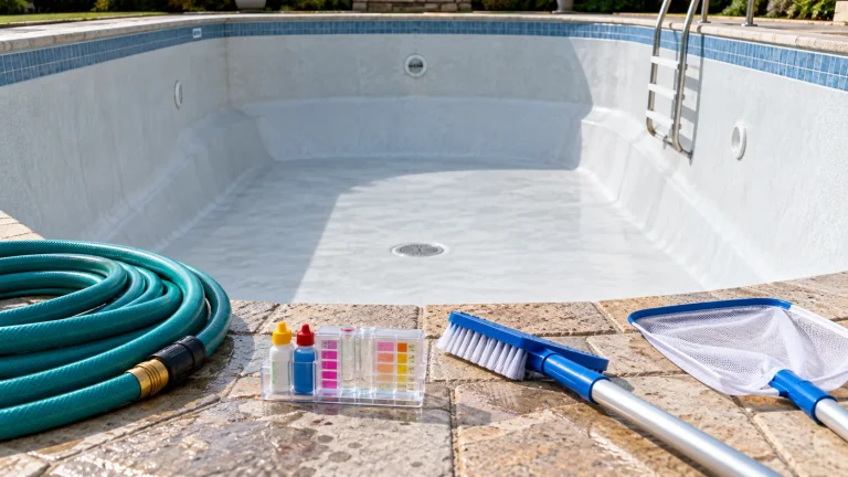 Clean pool basin and supplies ready for a refill