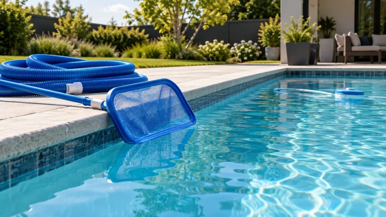 Pool water-level maintenance setup with skimmer and hose