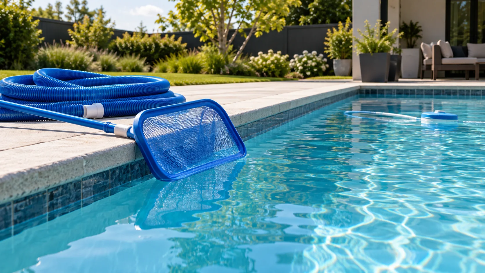 Pool water-level maintenance setup with skimmer and hose