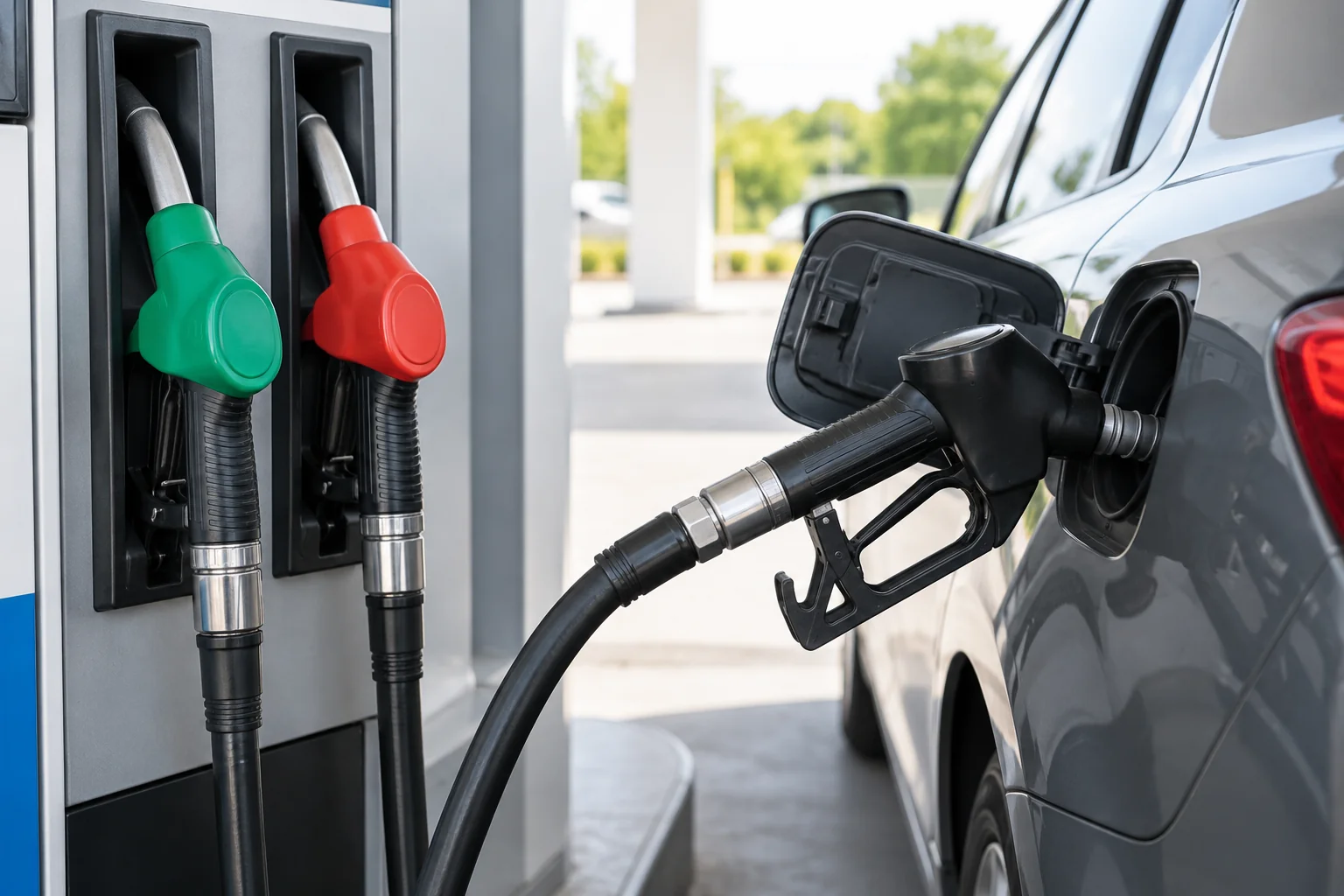 Fuel nozzle connected to a car fuel door at a gas station
