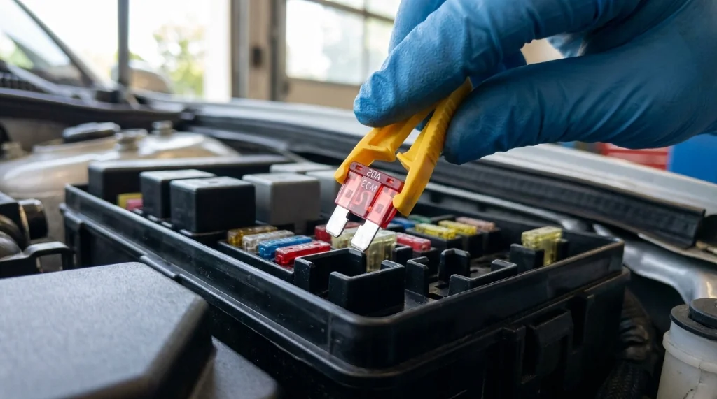 Mechanic using a yellow fuse puller tool to remove a red 20A ECM blade fuse from an fuse box