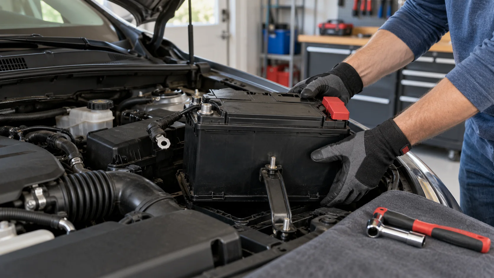 Car battery being safely removed from a vehicle