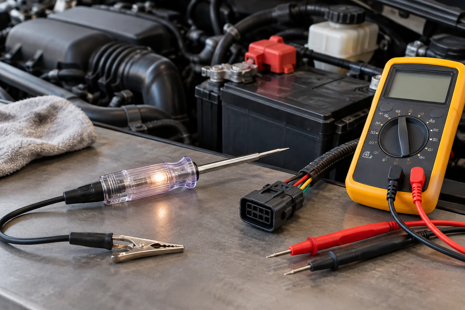 Test light and digital multimeter beside car electrical connectors