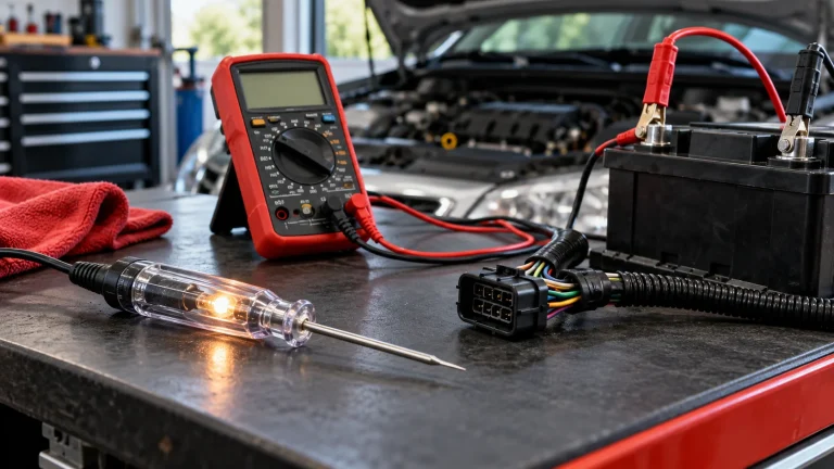 Automotive electrical diagnostic tools on a workbench