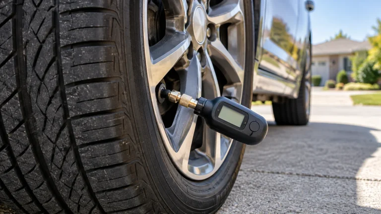 Digital tire gauge beside a car tire