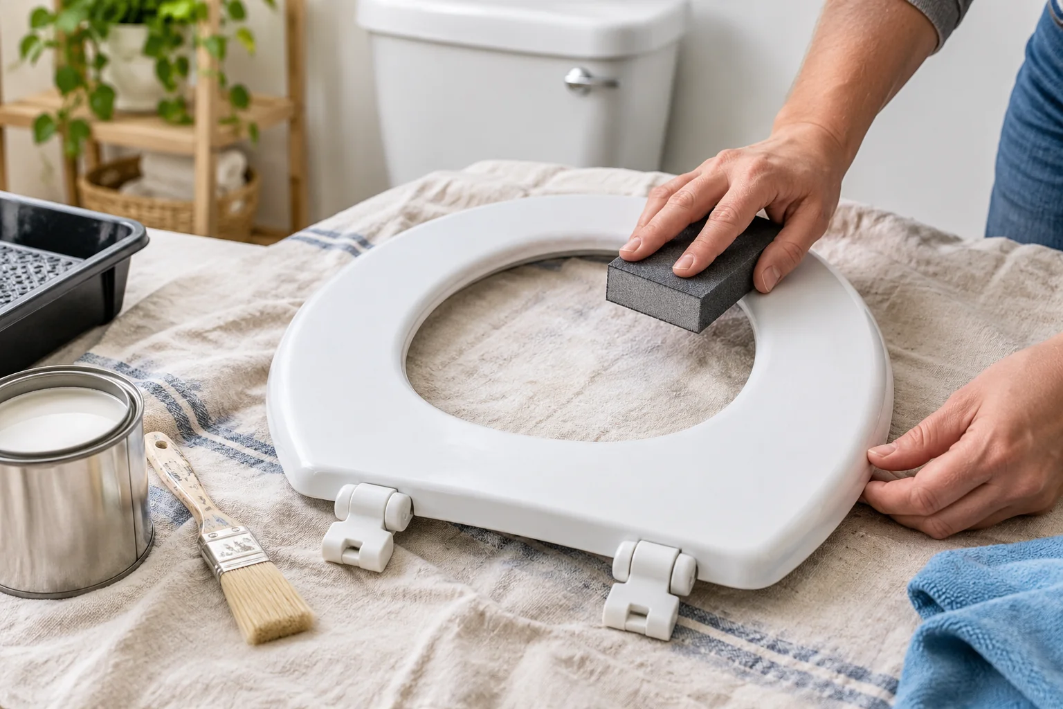 Close-up of a toilet seat surface being prepared for paint