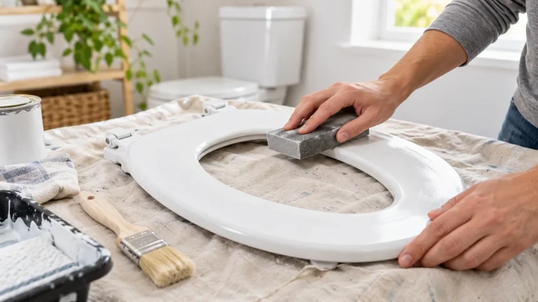 Painted toilet seat prepared for a careful bathroom refresh