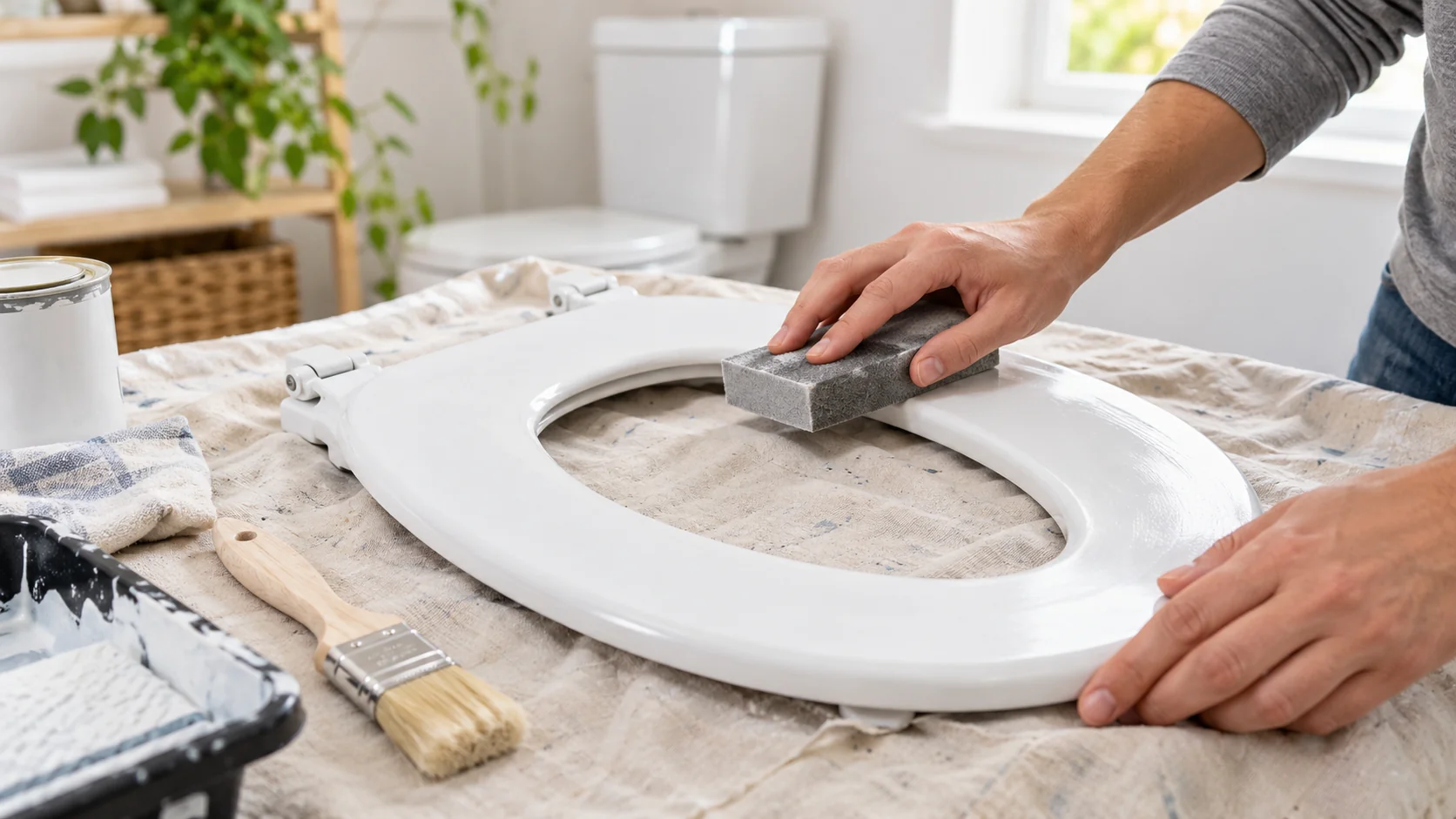 Painted toilet seat prepared for a careful bathroom refresh