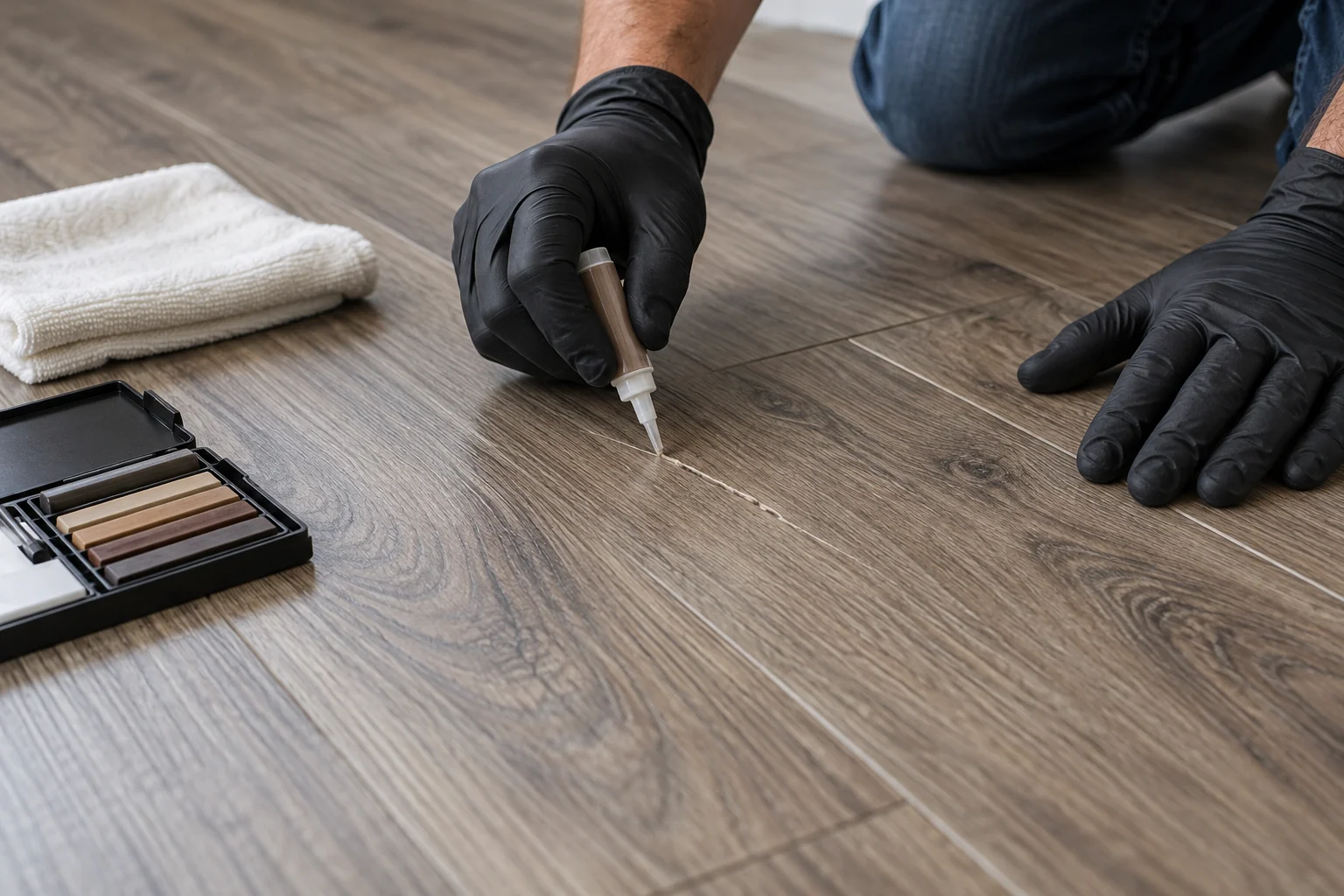 Close-up repair treatment on scratched luxury vinyl plank flooring