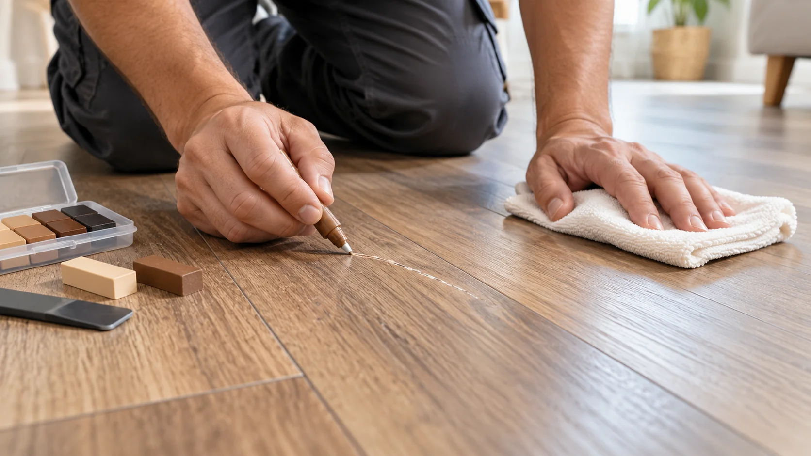 Luxury vinyl flooring scratch repair setup
