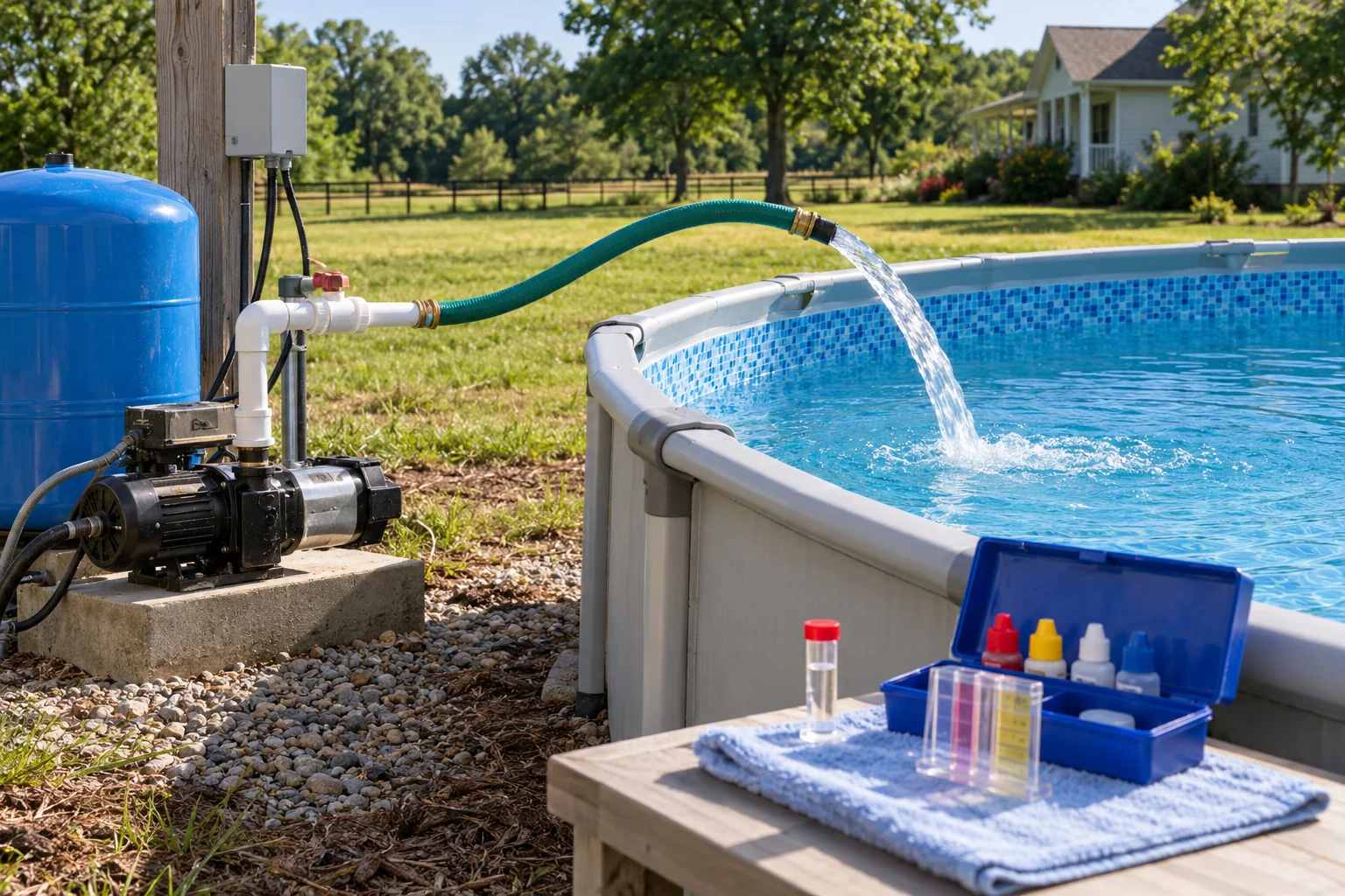 Well pump hose and water test kit beside a pool