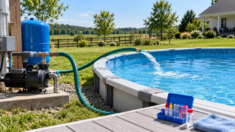 Well-water pool filling setup with pump and test kit